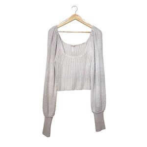 Free People Ribbed Square Neck Puff Sleeve Crop Sweater Oatmeal Medium